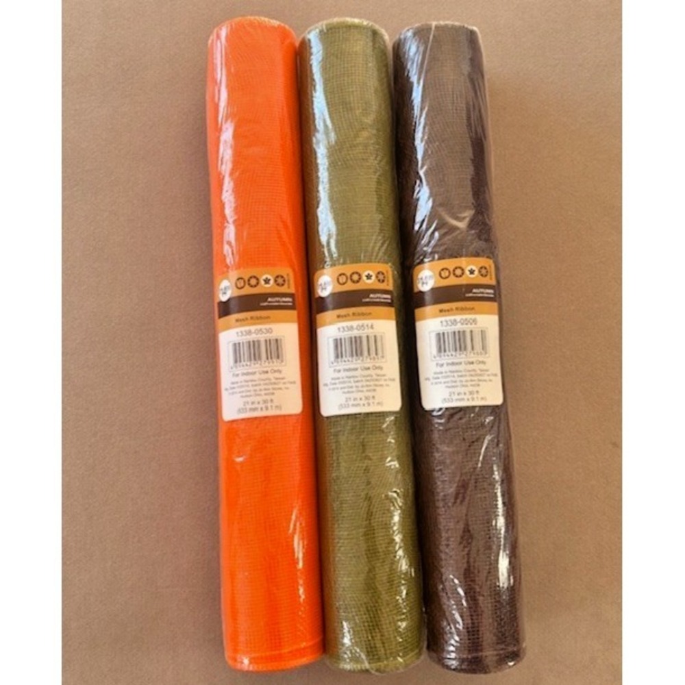 NEW ~JO-ANN DECORATIVE MESH~AUTUMN COLORS~ORANGE GREEN BROWN~3 BRAND NEW ROLLS!